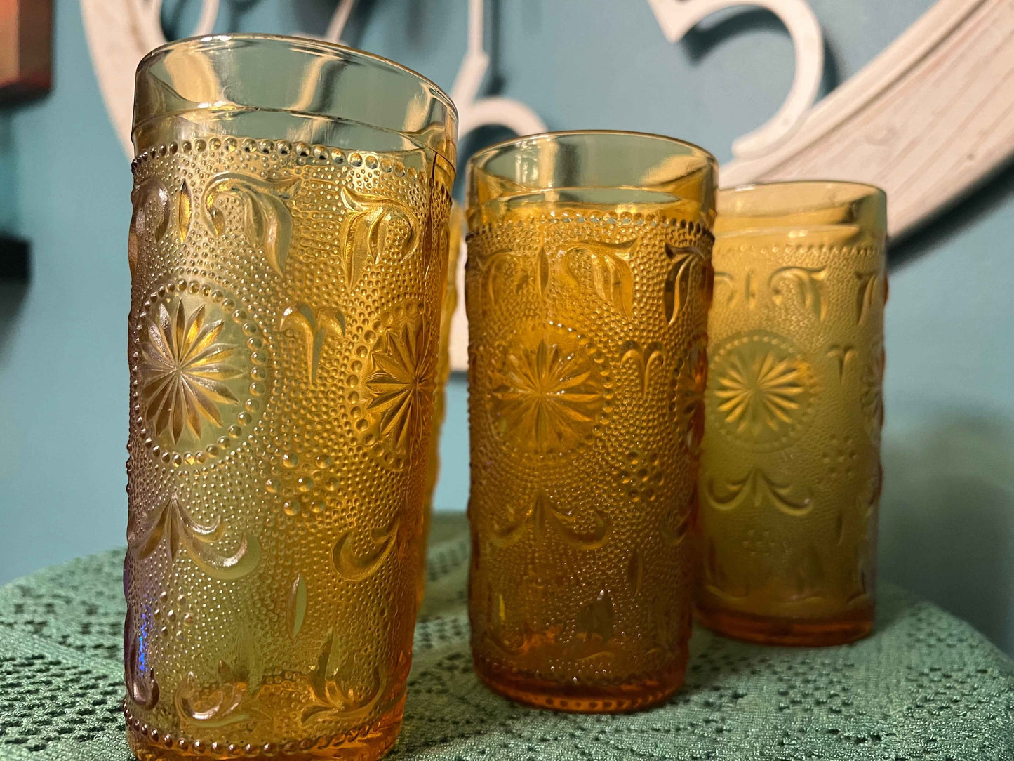 Brockway Glass American Concord Amber Tumblers | Starburst Scroll Glassware Set of 6