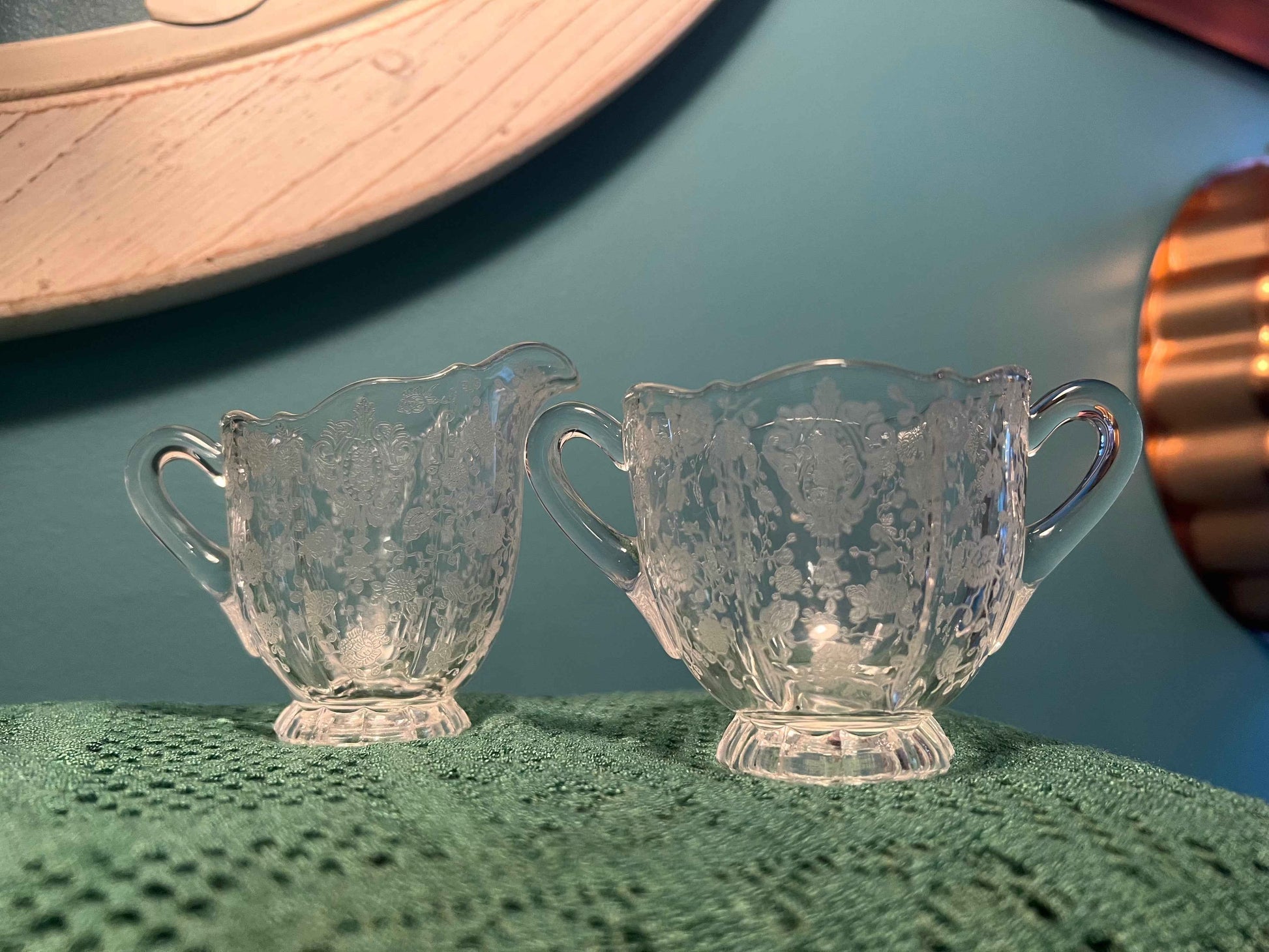 Cambridge Glass Rose Point Creamer and Sugar Bowl Set | Vintage Etched Glassware
