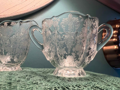 Cambridge Glass Rose Point Creamer and Sugar Bowl Set | Vintage Etched Glassware