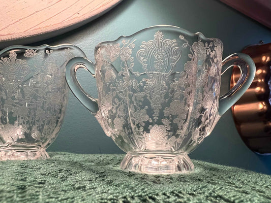 Cambridge Glass Rose Point Creamer and Sugar Bowl Set | Vintage Etched Glassware