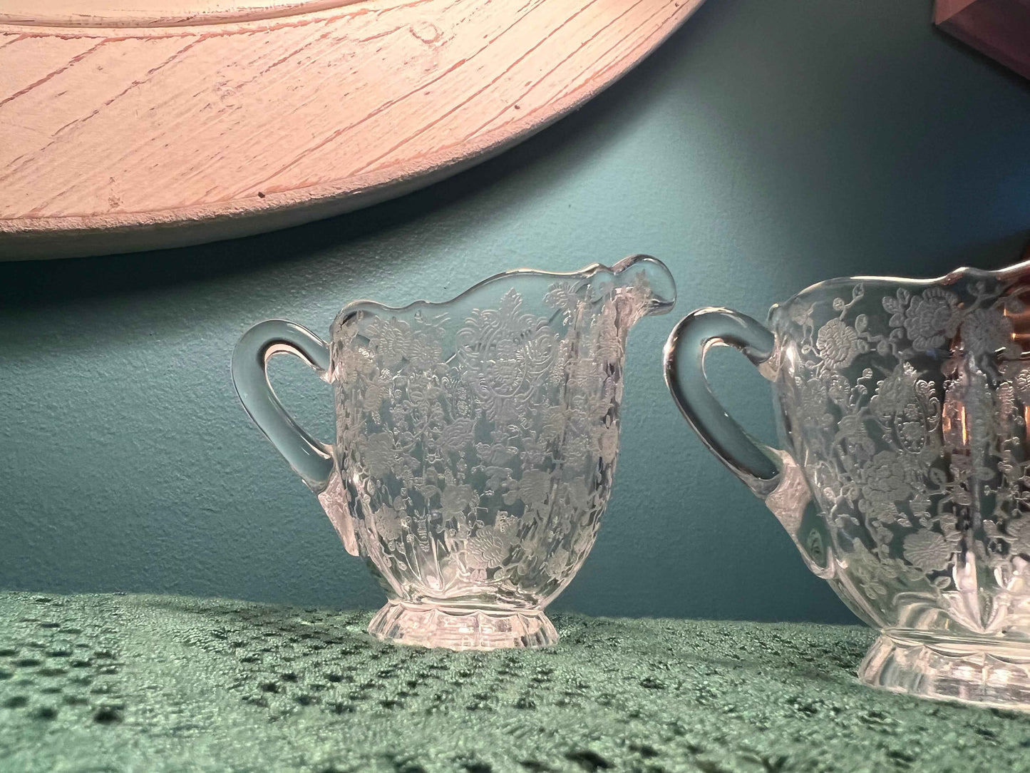 Cambridge Glass Rose Point Creamer and Sugar Bowl Set | Vintage Etched Glassware
