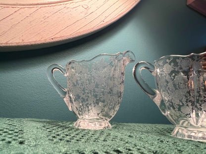Cambridge Glass Rose Point Creamer and Sugar Bowl Set | Vintage Etched Glassware