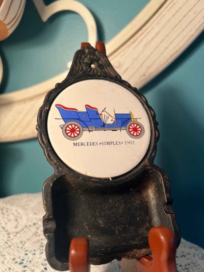 Cast Iron Trivet and Ashtray - Ceramic 1902 Mercedes-Simplex Insert | Vintage Barware