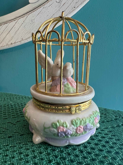 Vintage Ceramic Bird Cage Trinket Box with Porcelain Love Birds – Mini Jewelry Holder, Ring Holder, Nightstand Box