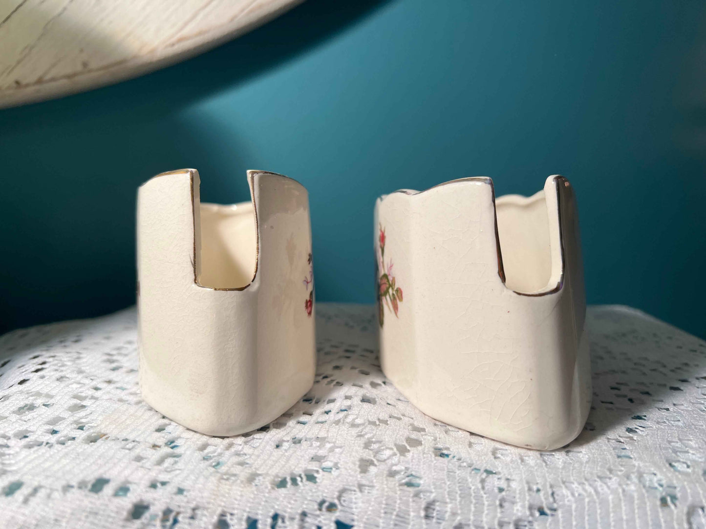 Vintage Ceramic Spoon & Fork Holders | Dark Pink Roses | CMI Inc. Chadwick Japan Collectible