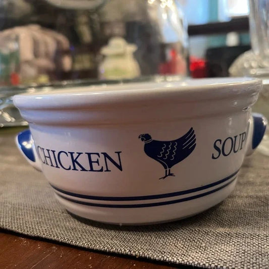 Vintage F.T.D.A 1986 Korea blue and white chicken soup bowl