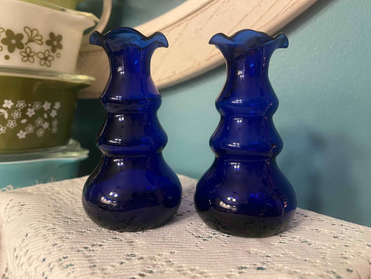 Vintage Cobalt Blue Bud Vases - Set of 2 | Ruffled Top | Collectible Glassware