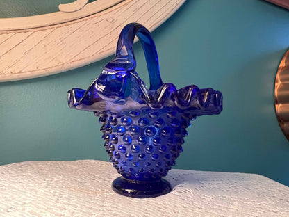 Vintage Cobalt Blue Glass Hobnail Basket | Crimped Edge | Collectible Glassware