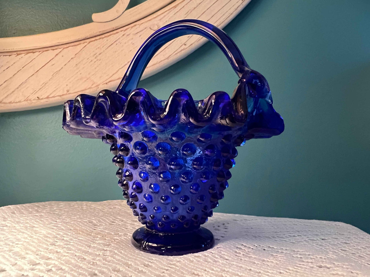 Vintage Cobalt Blue Glass Hobnail Basket | Crimped Edge | Collectible Glassware