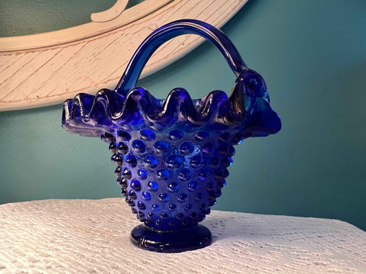 Vintage Cobalt Blue Glass Hobnail Basket | Crimped Edge | Collectible Glassware