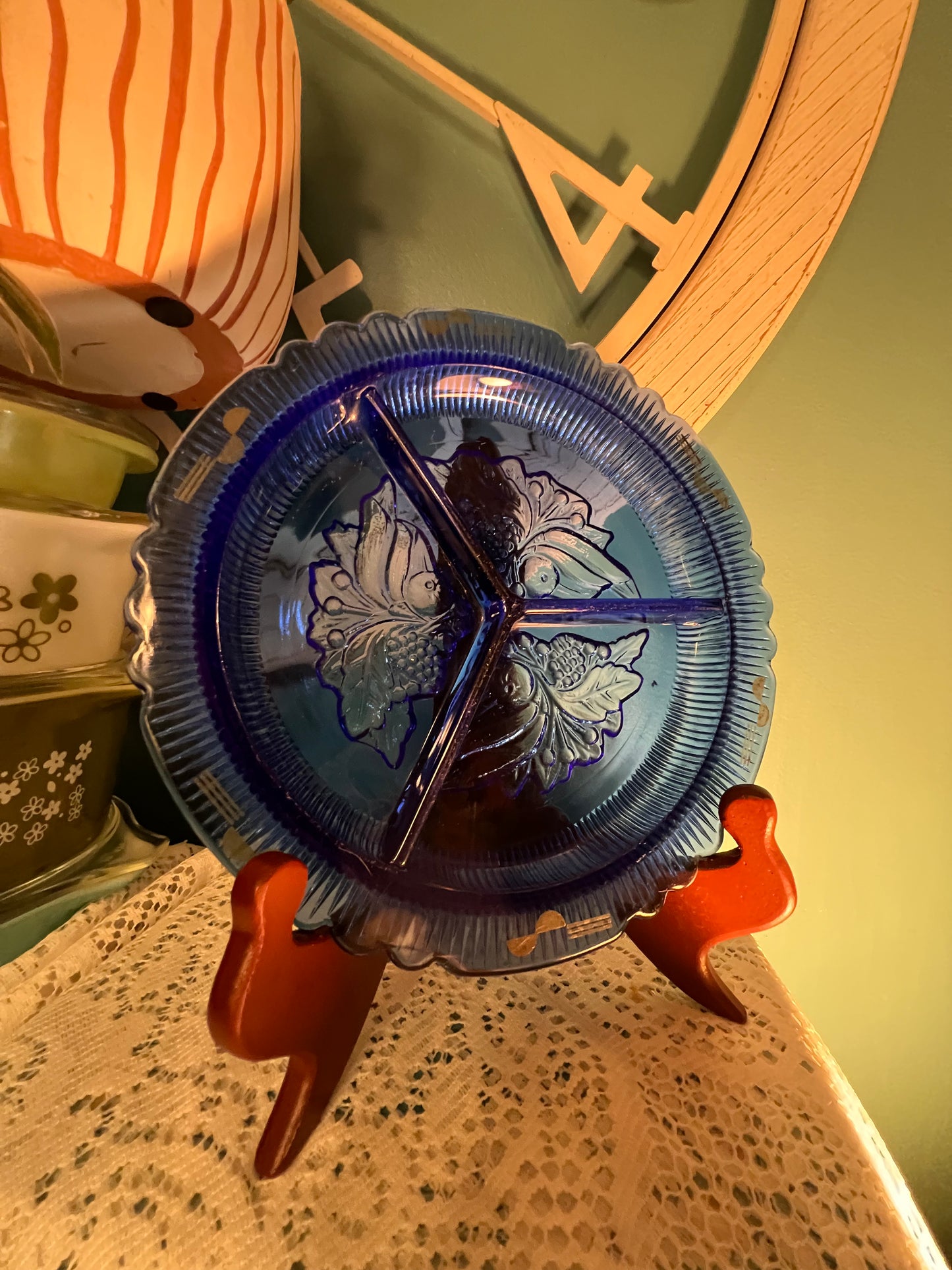 Vintage cobalt blue pressed glass divided relish dish