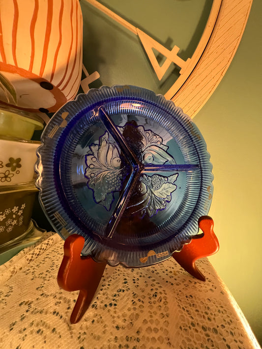 Vintage cobalt blue pressed glass divided relish dish