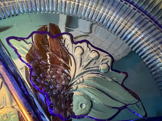 Vintage Cobalt Blue Divided Relish Dish – Pressed Depression Glass with Black Art Deco Design on Rim