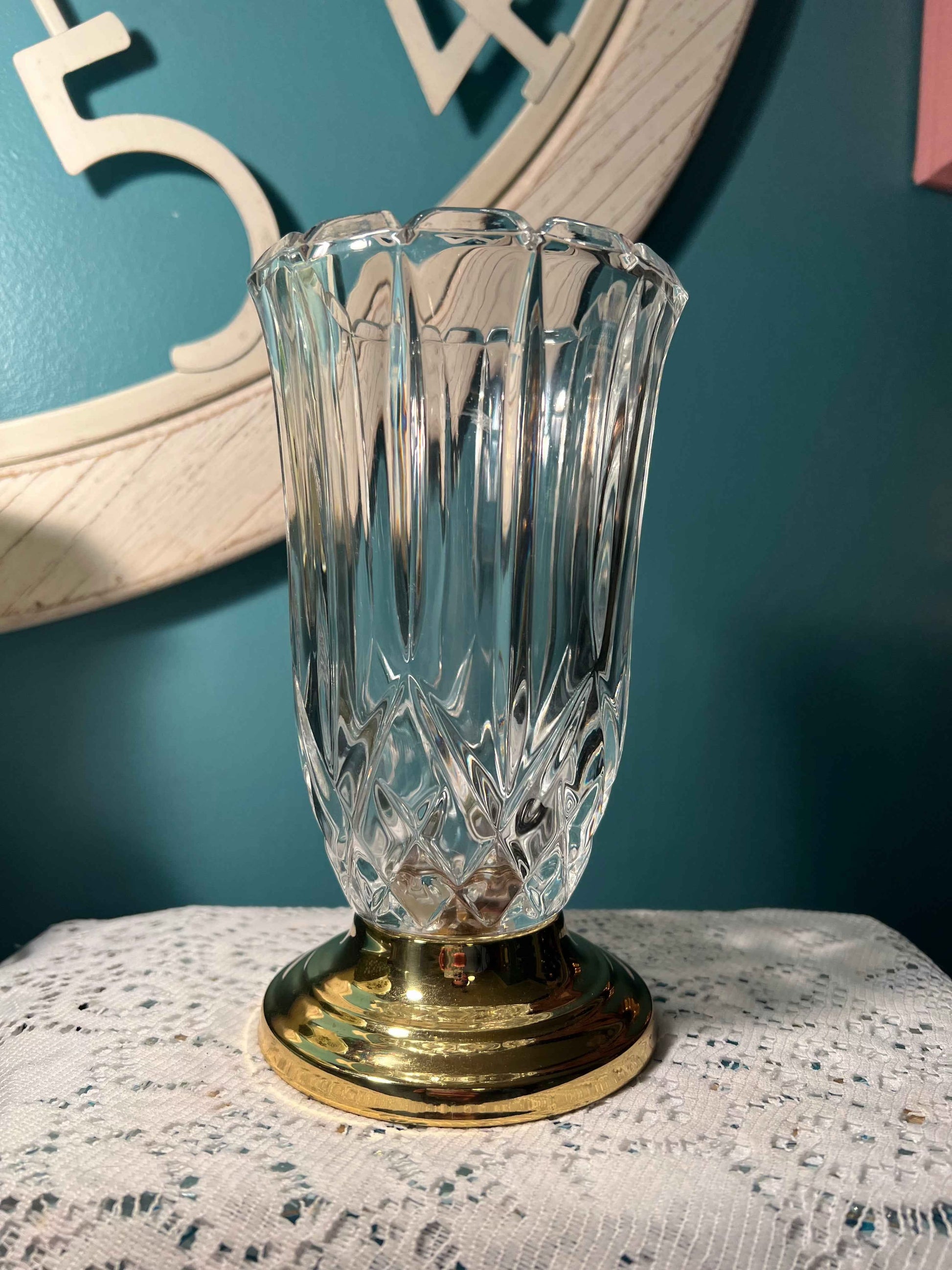 Vintage Coppercraft Brass & Lead Crystal Candle Holder | Heavy Crystal Candlestick Decor