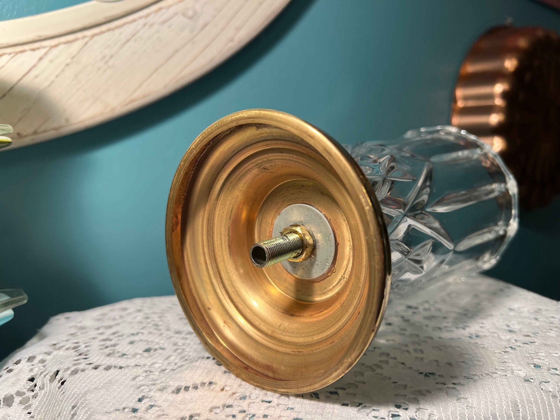 Vintage Coppercraft Brass & Lead Crystal Candle Holder | Heavy Crystal Candlestick Decor