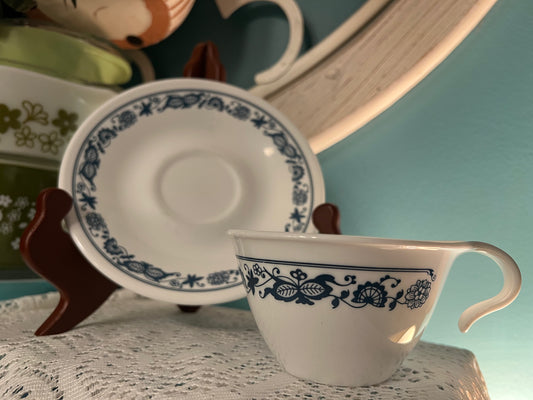 Vintage Corelle Corning “Old Town Blue” cup and saucer set from the 1970s
