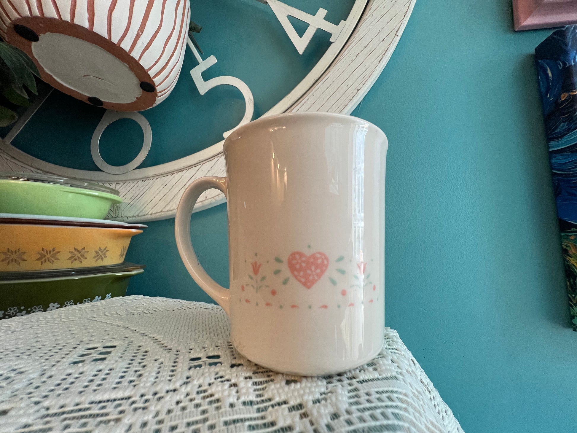Vintage Corning USA mugs with pink hearts and flowers