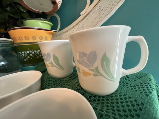 Corning Friendship series mugs with blue and yellow flowers