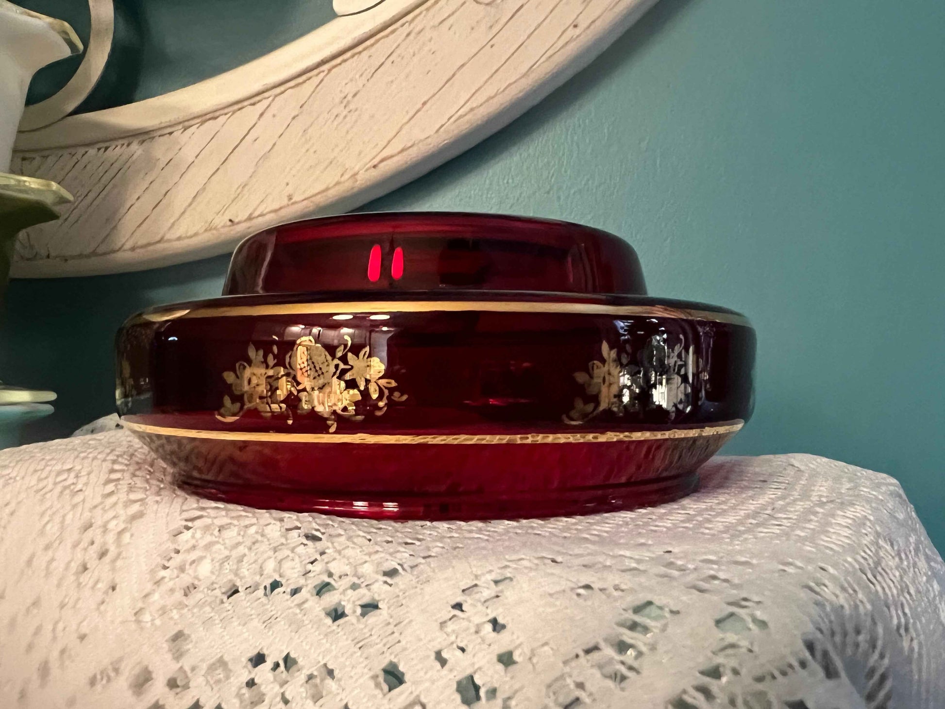 Vintage Ruby Red Candle Holder with Gold Floral Detail | 7" x 3" | Collectible Home Decor