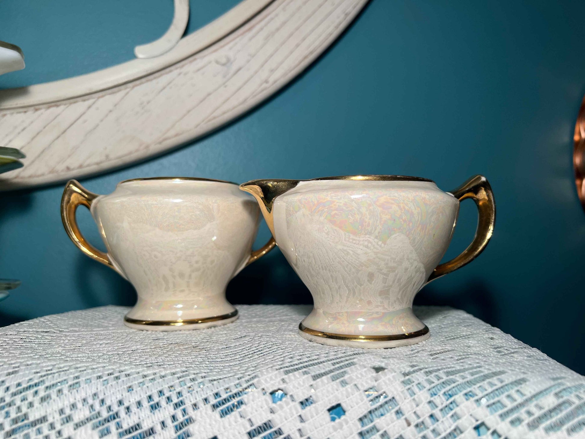 Vintage Cream Lusterware Sugar & Creamer Set with Heavy Gold Accents | Missing Lid | Vintage Dinnerware