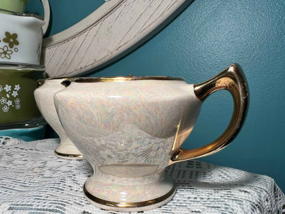 Vintage Cream Lusterware Sugar & Creamer Set with Heavy Gold Accents | Missing Lid | Vintage Dinnerware