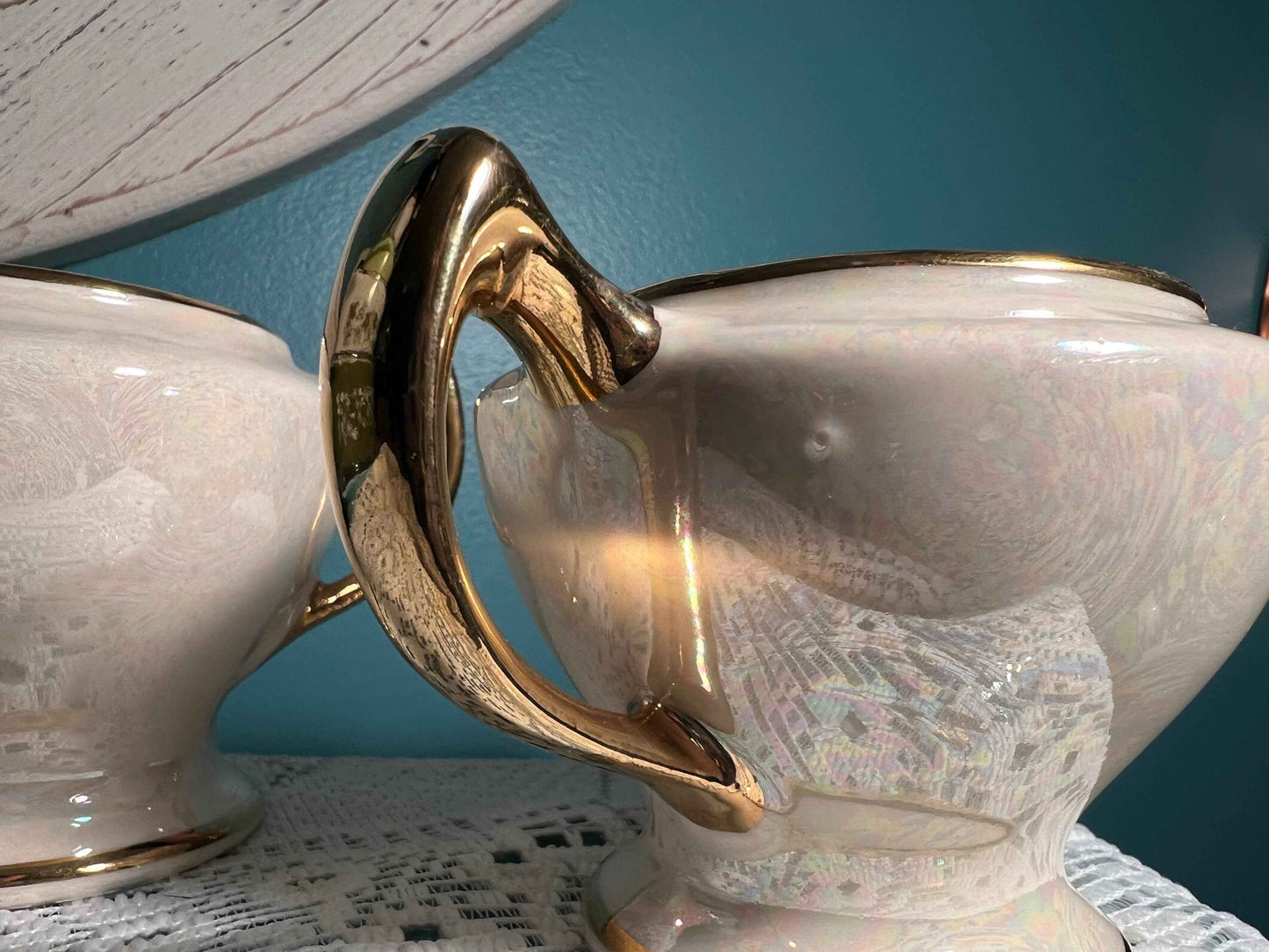 Vintage Cream Lusterware Sugar & Creamer Set with Heavy Gold Accents | Missing Lid | Vintage Dinnerware