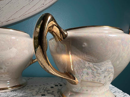 Vintage Cream Lusterware Sugar & Creamer Set with Heavy Gold Accents | Missing Lid | Vintage Dinnerware