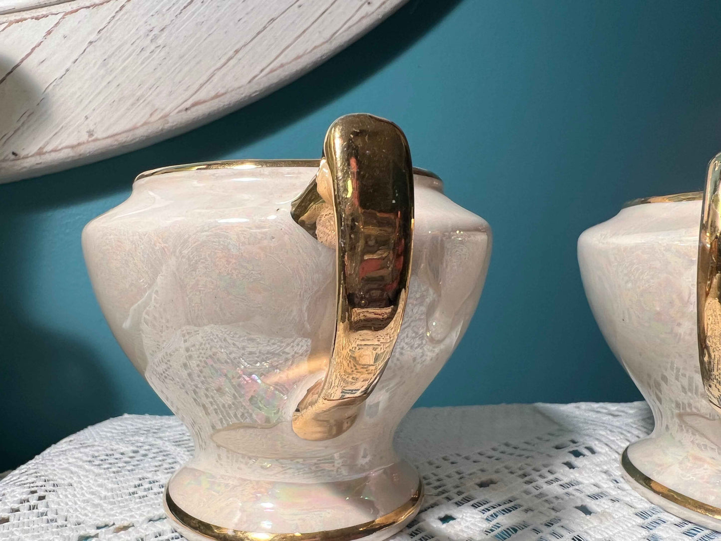 Vintage Cream Lusterware Sugar & Creamer Set with Heavy Gold Accents | Missing Lid | Vintage Dinnerware