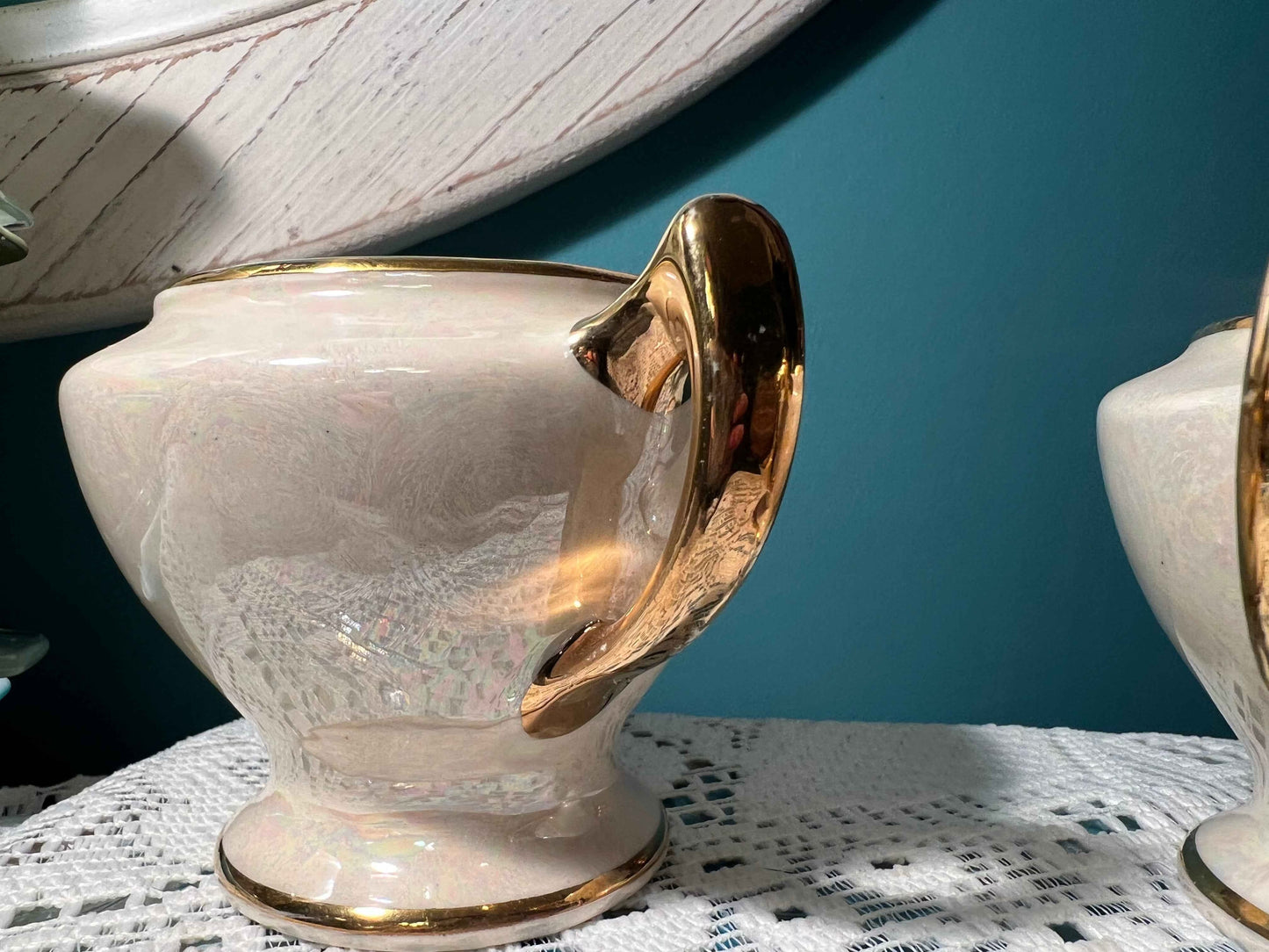 Vintage Cream Lusterware Sugar & Creamer Set with Heavy Gold Accents | Missing Lid | Vintage Dinnerware