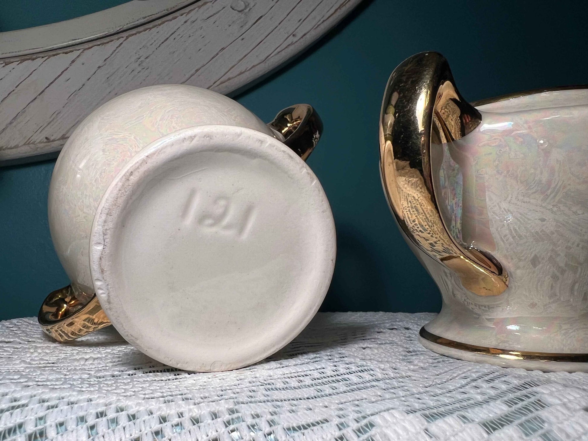 Vintage Cream Lusterware Sugar & Creamer Set with Heavy Gold Accents | Missing Lid | Vintage Dinnerware