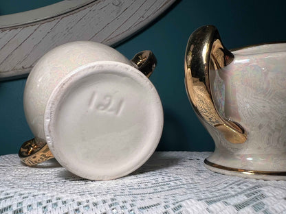 Vintage Cream Lusterware Sugar & Creamer Set with Heavy Gold Accents | Missing Lid | Vintage Dinnerware