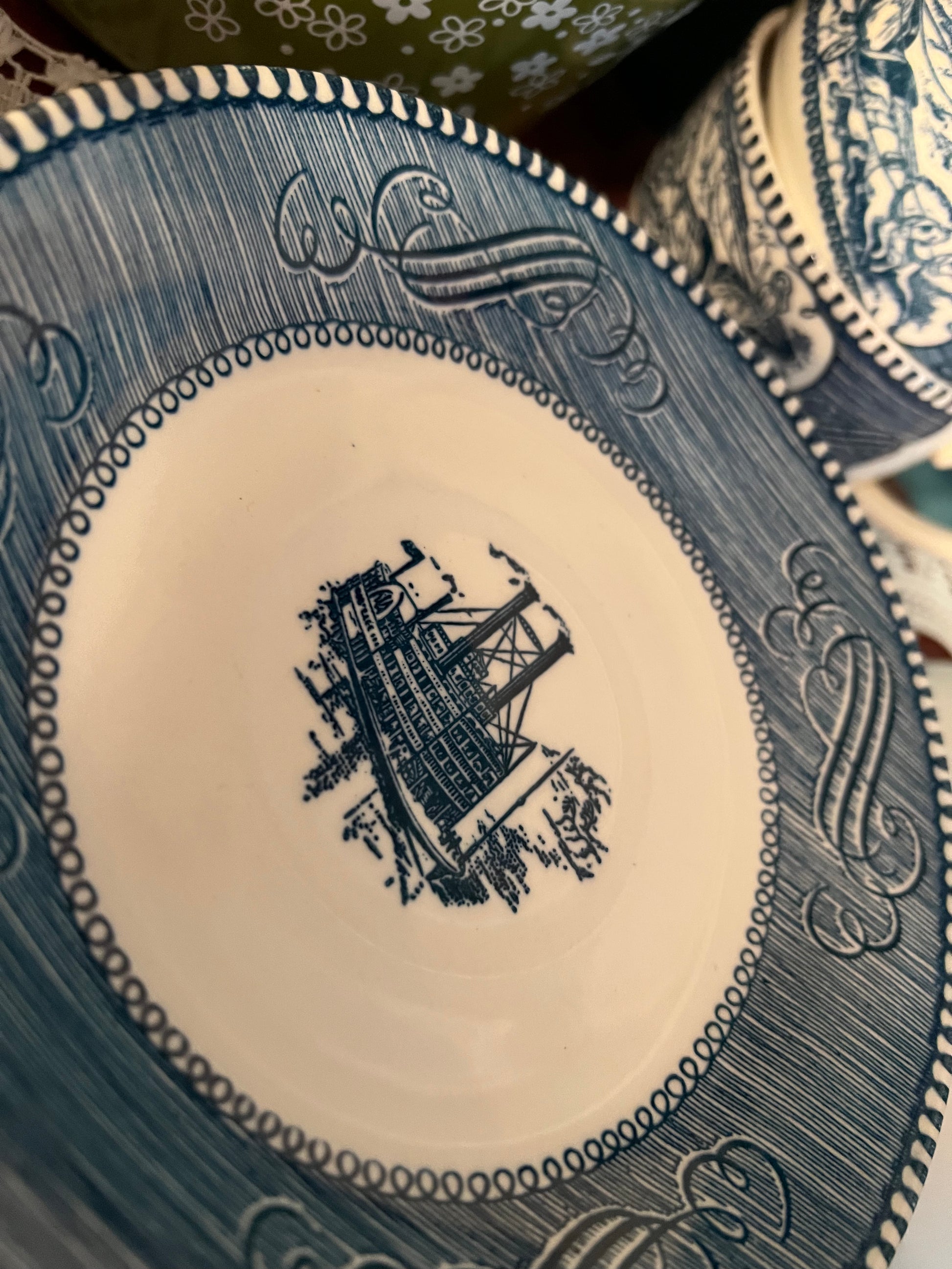 Blue and White Currier and Ives Plate