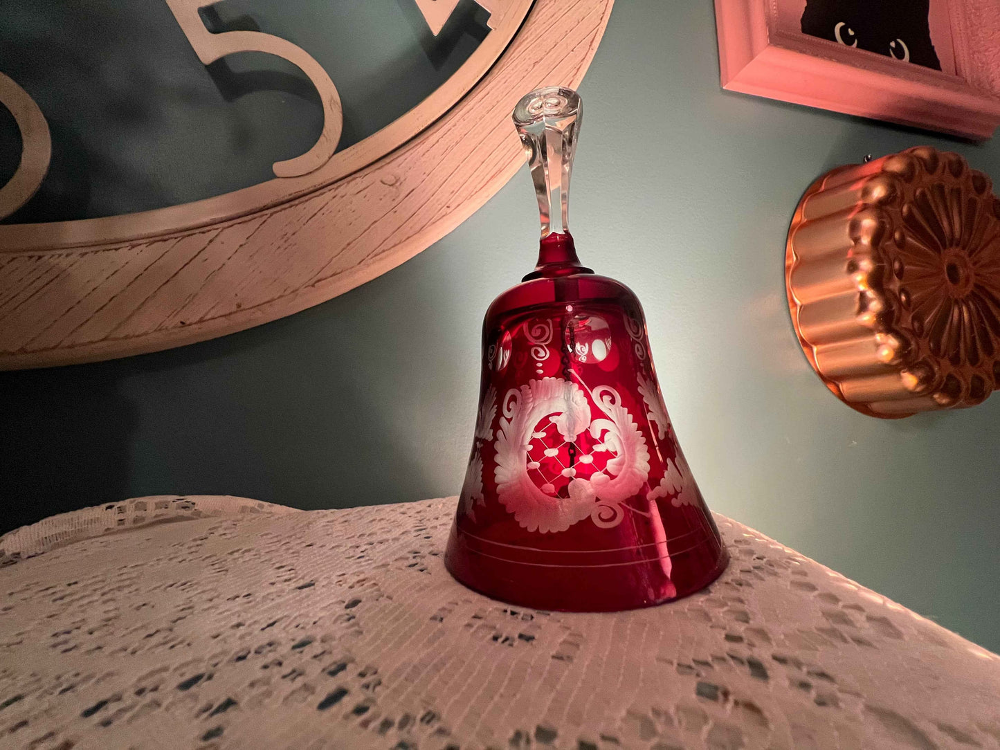 Antique 1904 Ruby Red Czech Cut-to-Clear Crystal Bell – Birds & Castle Design