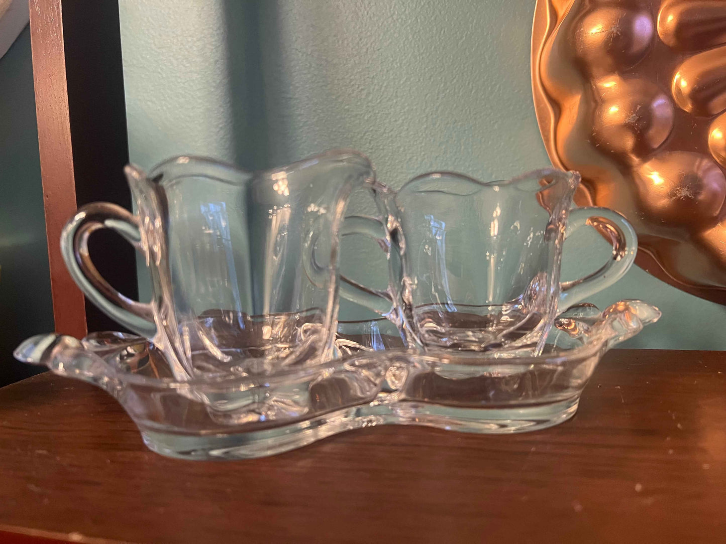Duncan & Miller Canterbury Manganese Crystal Sugar, Creamer & Tray Set | Depression Glassware