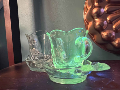 Duncan & Miller Canterbury Manganese Crystal Sugar, Creamer & Tray Set | Depression Glassware