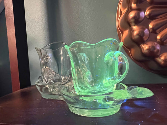 Duncan & Miller Canterbury Manganese Crystal Sugar, Creamer & Tray Set | Depression Glassware