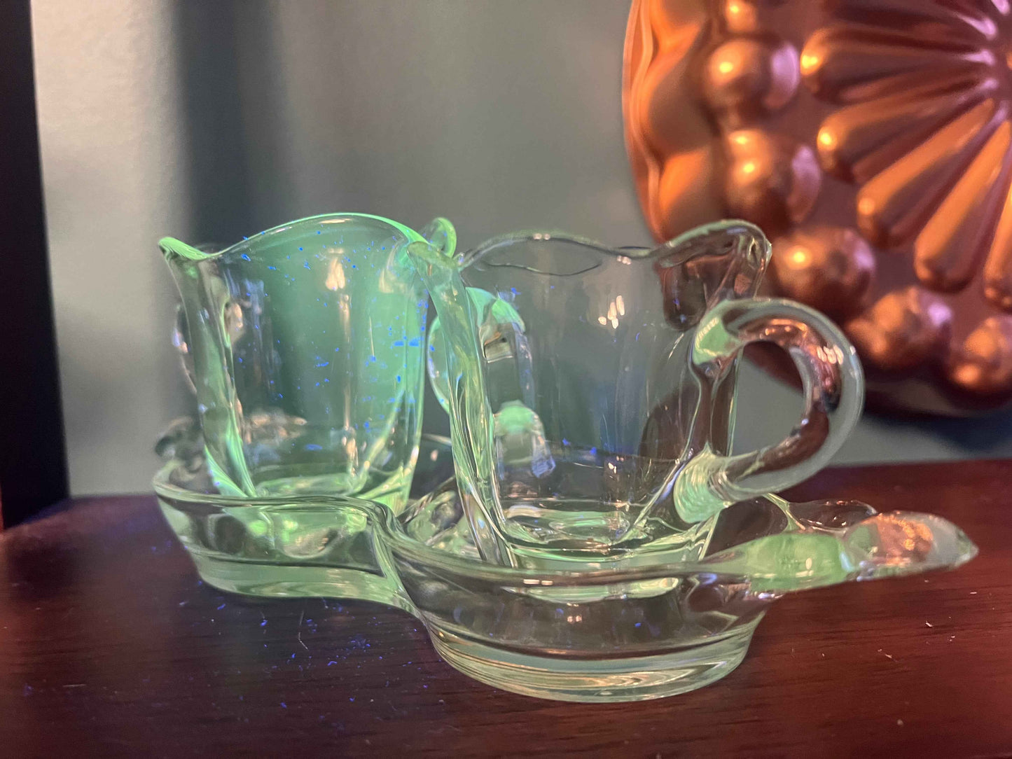 Duncan & Miller Canterbury Manganese Crystal Sugar, Creamer & Tray Set | Depression Glassware