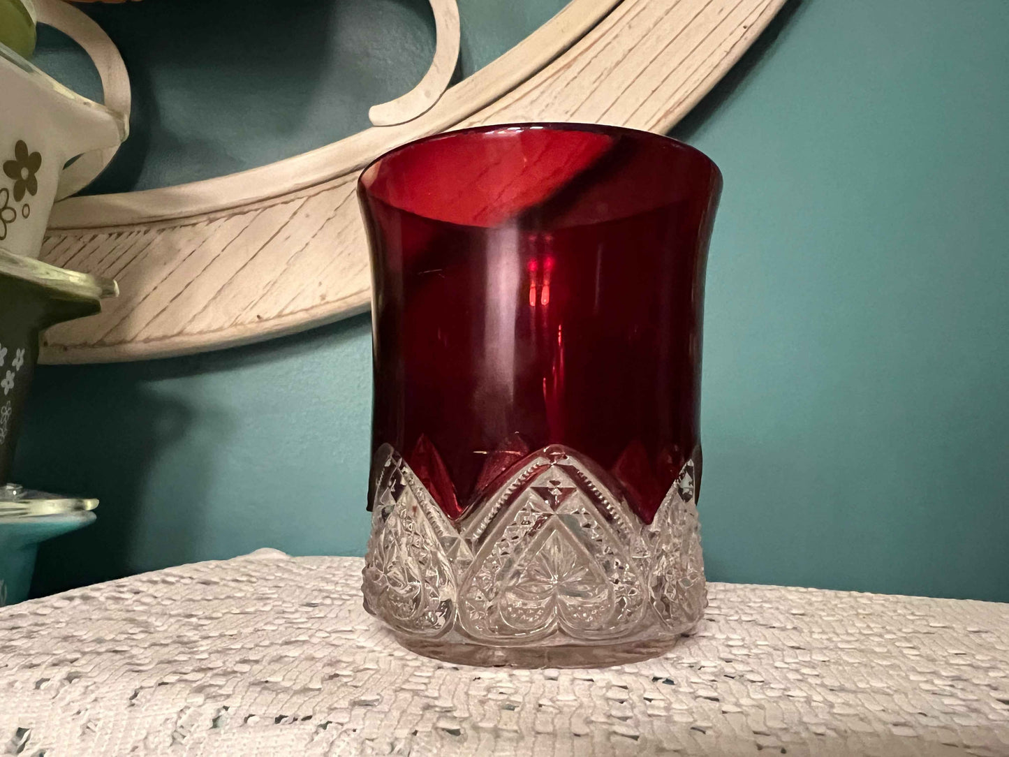 EAPG Heart Band Ruby-Stained Tumbler | Early American Pattern Glass | 3.75" Vintage Drinking Glass