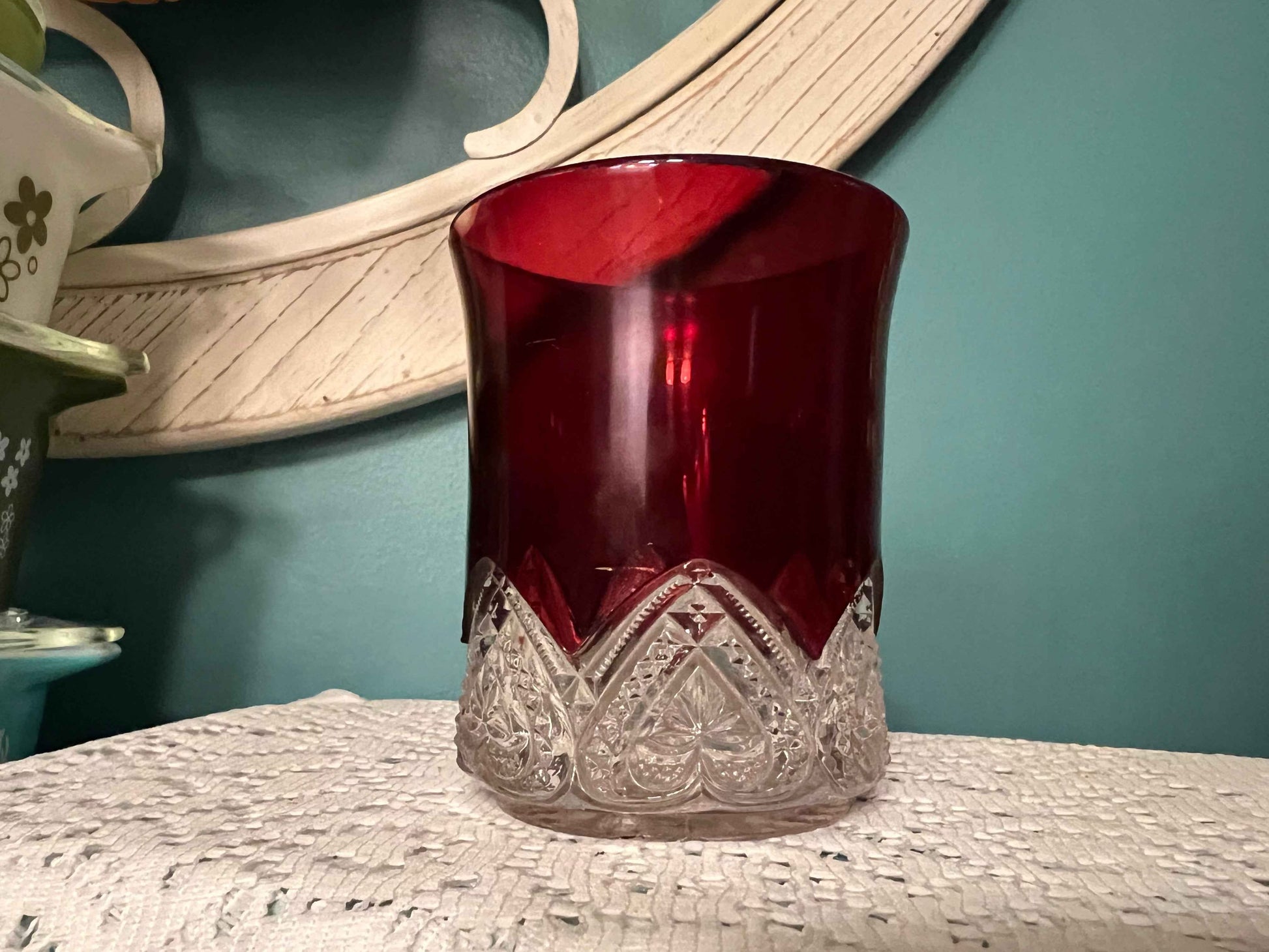 EAPG Heart Band Ruby-Stained Tumbler | Early American Pattern Glass | 3.75" Vintage Drinking Glass