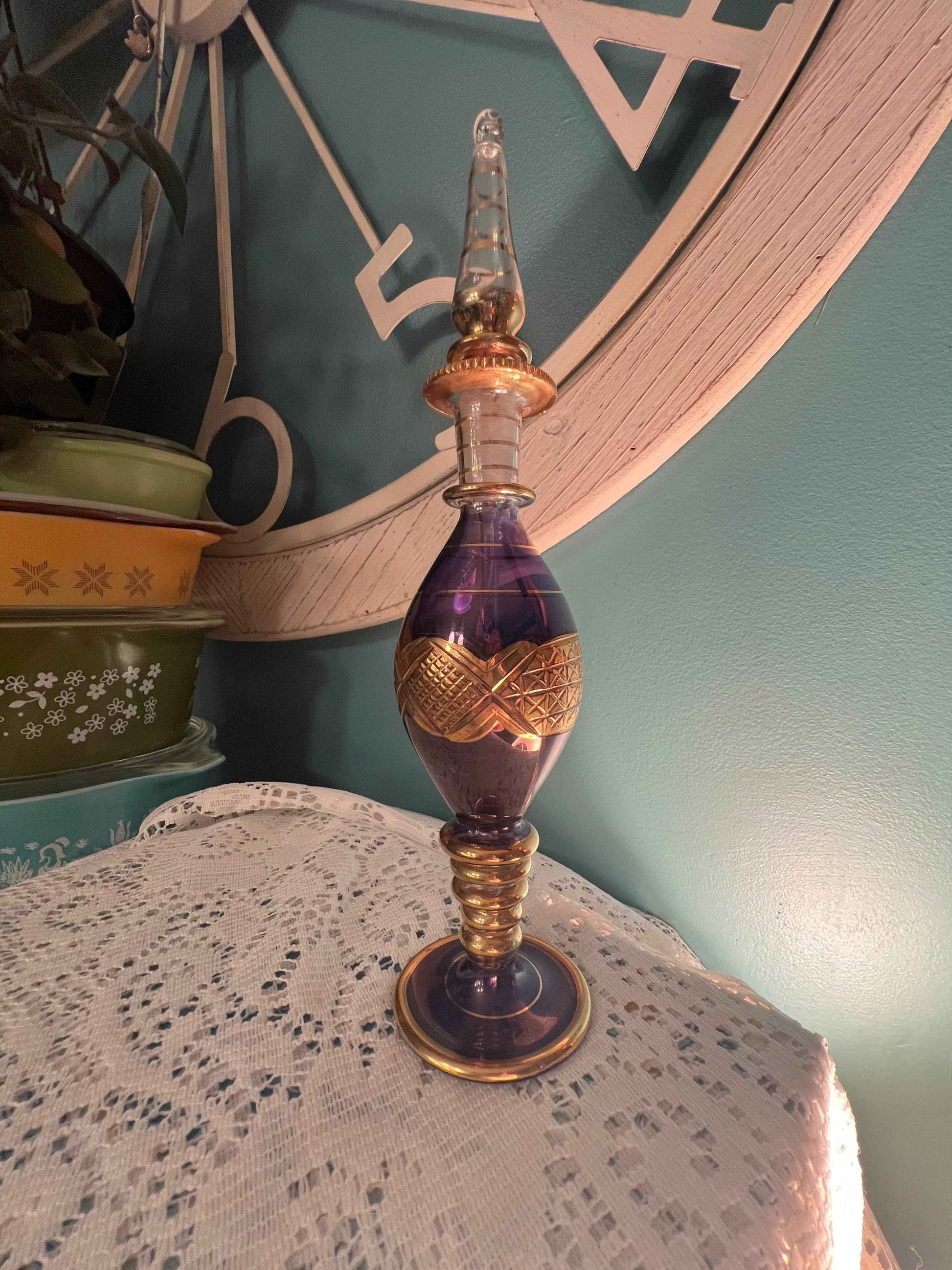 Vintage Egyptian Hand-Blown Glass Perfume Bottle – Purple with 18K Gold Accents