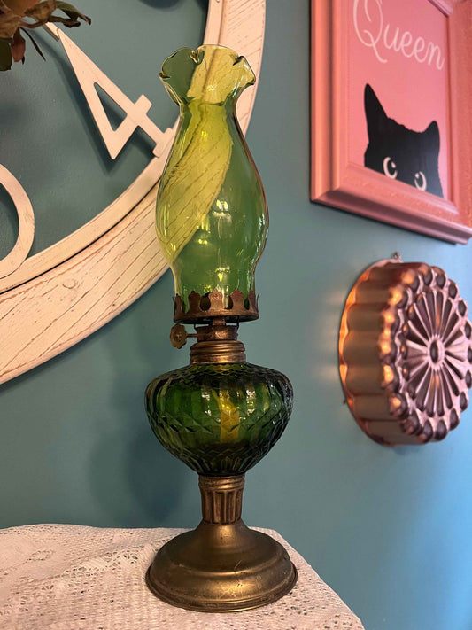 Vintage Oil Lamp - 8" | Emerald Green Depression Glass And Brass | Collectible Home Decor