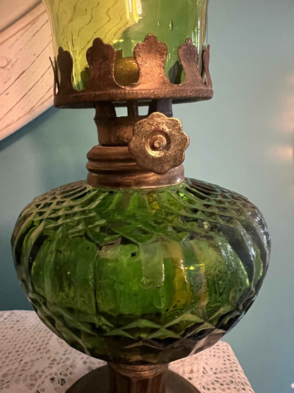 Vintage Oil Lamp - 8" | Emerald Green Depression Glass And Brass | Collectible Home Decor