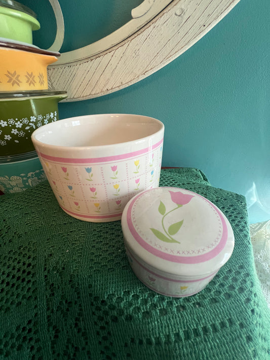 Vintage FTDA ceramic plant bowl with pink tulip flowers and matching candle jar