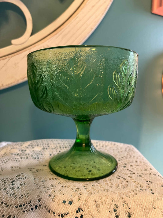 FTD Green Glass Compote Oak Leaf Candy Dish | 5.6" | Vintage Glassware