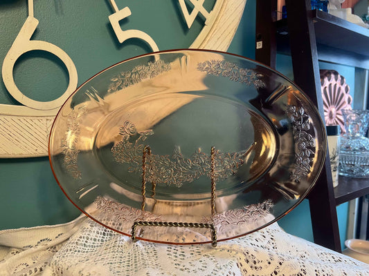 Vintage Federal Glass Sharon Rose Pink Oval Platter | 1930s Cabbage Rose Garland Serving Dish