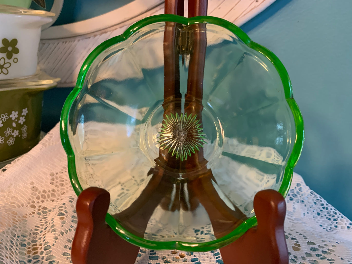 Vintage green uranium glass berry dish for display or serving