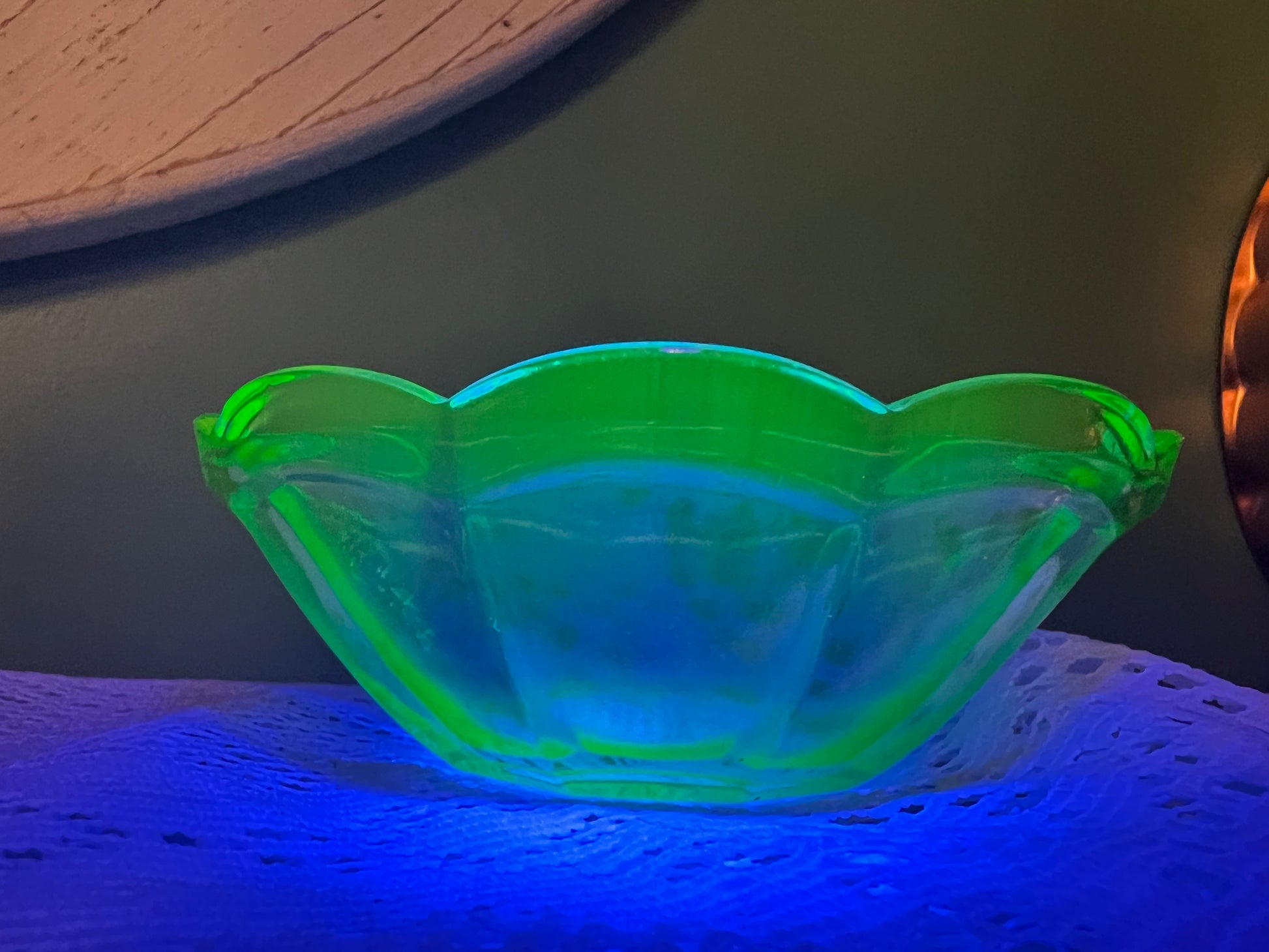 Vintage green uranium glass berry dish for display or serving