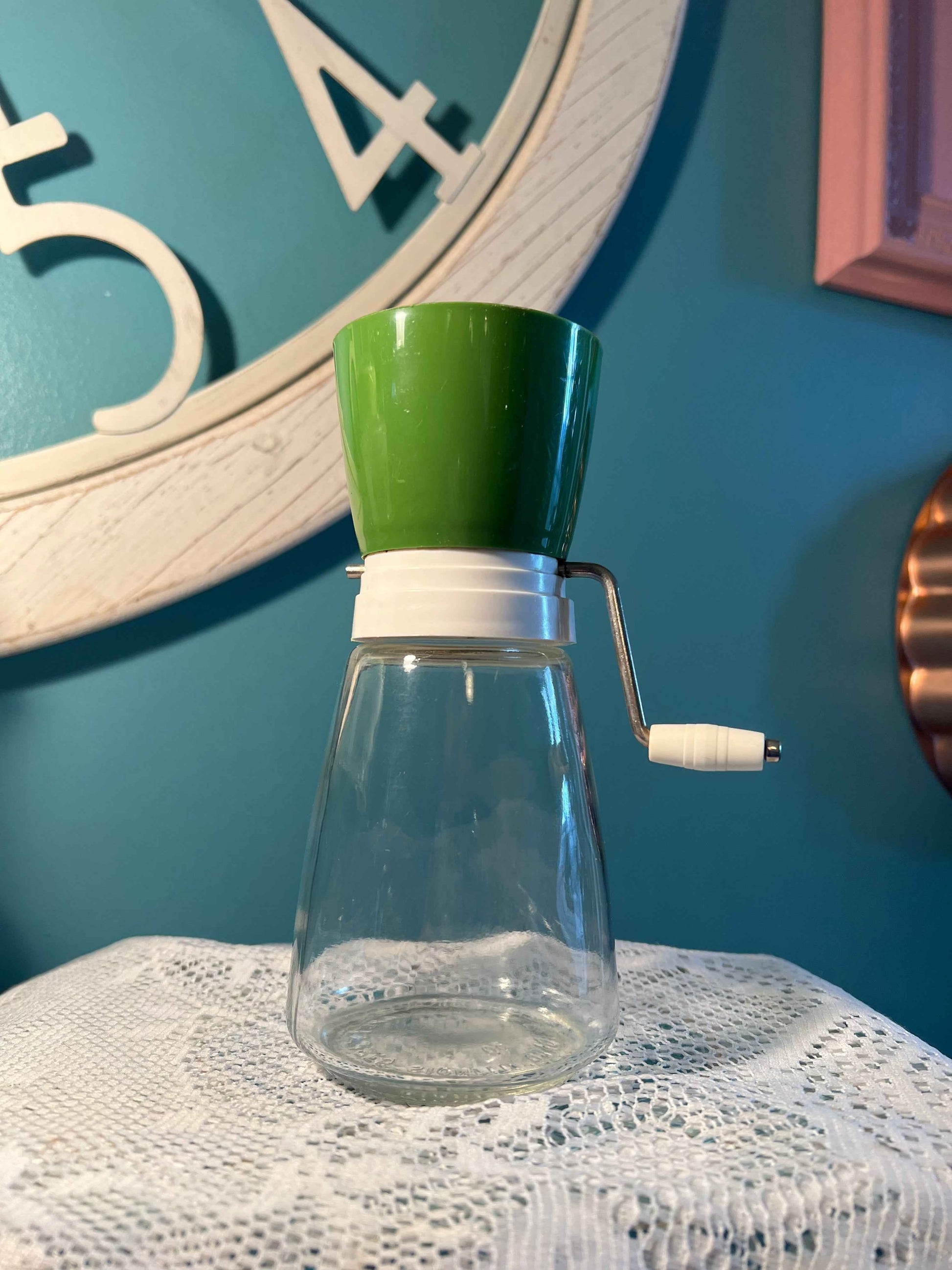 Vintage Federal Housewares Manual Nut Grinder | Green Top Glass Jar | Mid-Century Kitchenware