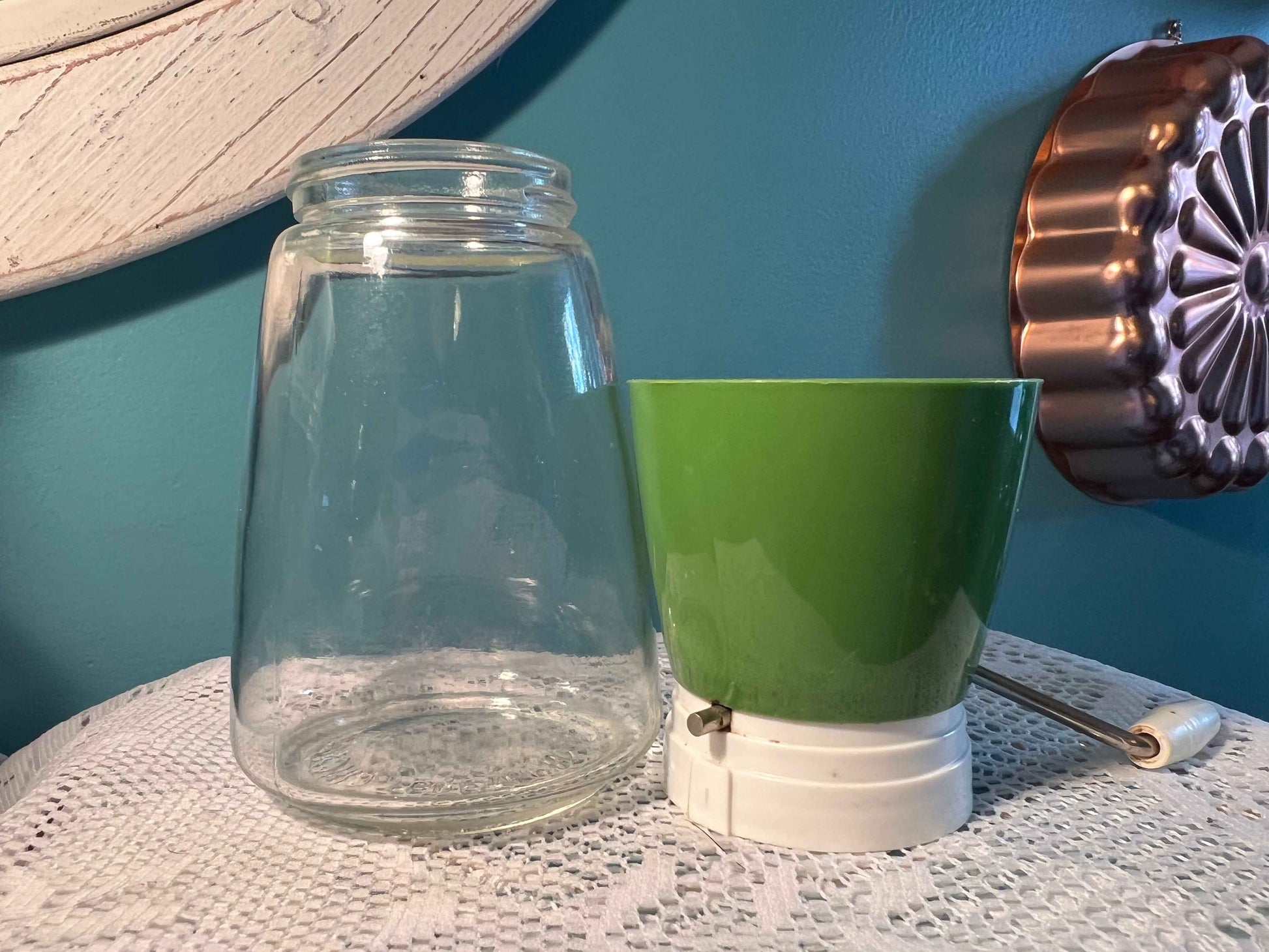 Vintage Federal Housewares Manual Nut Grinder | Green Top Glass Jar | Mid-Century Kitchenware
