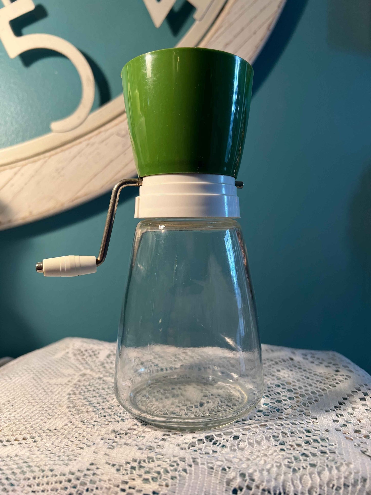 Vintage Federal Housewares Manual Nut Grinder | Green Top Glass Jar | Mid-Century Kitchenware